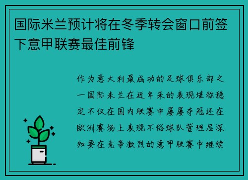 国际米兰预计将在冬季转会窗口前签下意甲联赛最佳前锋