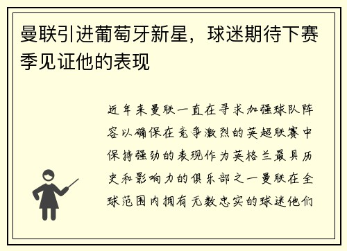 曼联引进葡萄牙新星，球迷期待下赛季见证他的表现